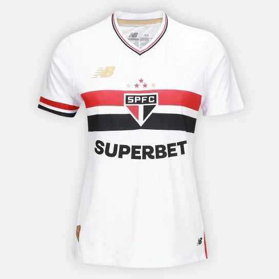 Camisa São Paulo I 25/26 Torcedor New Balance Feminina - Branco+Vermelho